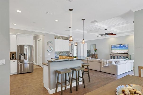 Interior, Kitchen, Living room, Pendant Lights, Recessed Lighting, Stainless Steel Appliances, Wood Texture Flooring