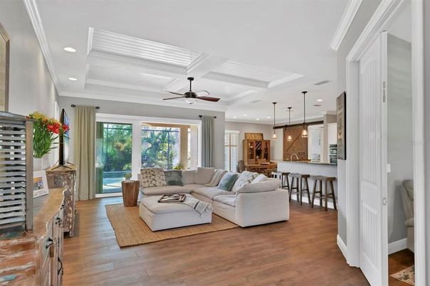 Interior, Kitchen, Living room, Pendant Lights, Recessed Lighting, Wood Texture Flooring