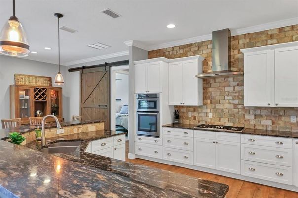 Interior, Kitchen, Pendant Lights, Recessed Lighting, Stone Walls, Wood Texture Flooring