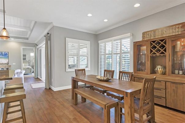 Dining room, Interior, Pendant Lights, Recessed Lighting, Wood Texture Flooring