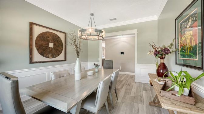 Dining room, Interior, Pendant Lights, Wood Texture Flooring