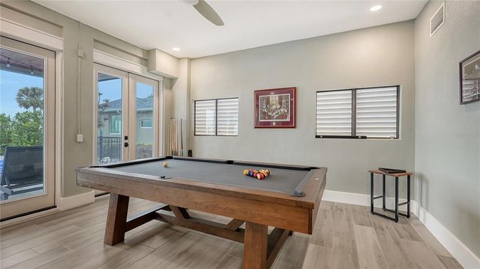 Billiard Table, Game Room, Interior, Recessed Lighting, Wood Texture Flooring
