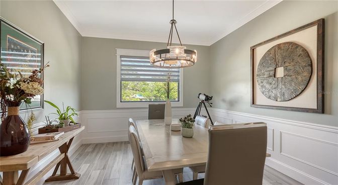 Dining room, Interior, Pendant Lights, Wood Texture Flooring