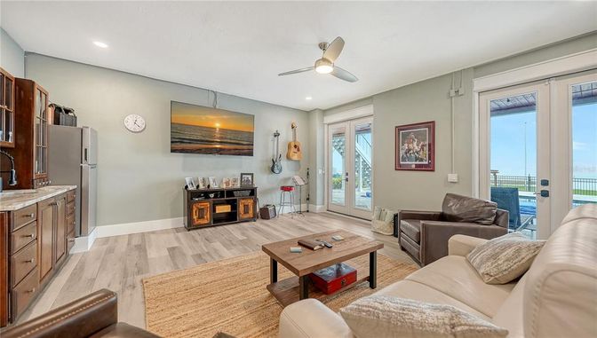 Interior, Kitchen, Living room, Recessed Lighting, Wood Texture Flooring