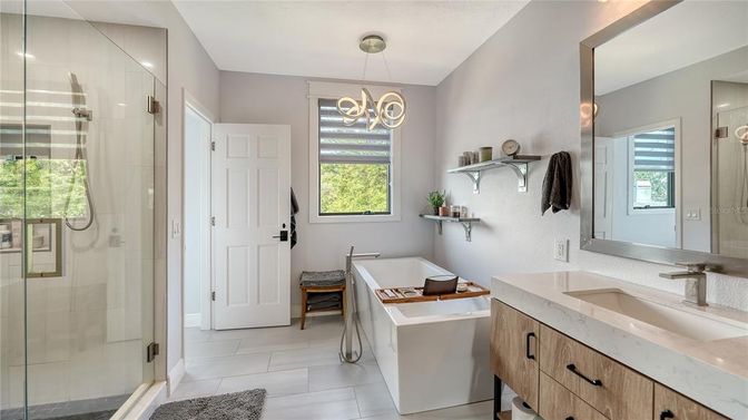Bathroom, Dual Sink Vanities, Free Standing Baths, Glass Shower, Interior, Pendant Lights