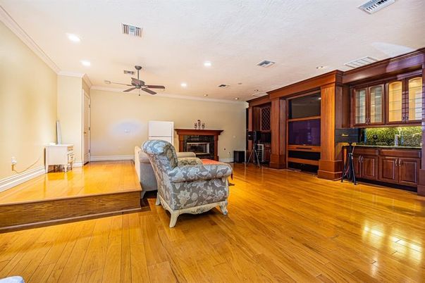 Fireplace, Interior, Recessed Lighting, Wood Texture Flooring