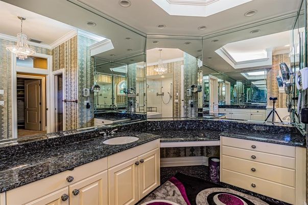 Bathroom, Chandelier, Dual Sink Vanities, Glass Shower, Interior, Recessed Lighting