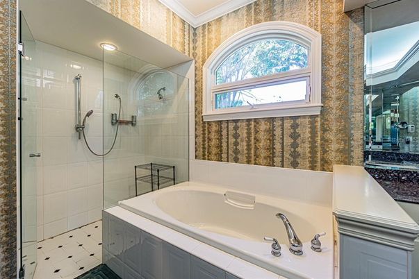 Bathroom, Glass Shower, Interior, Recessed Lighting, Tile Countertops