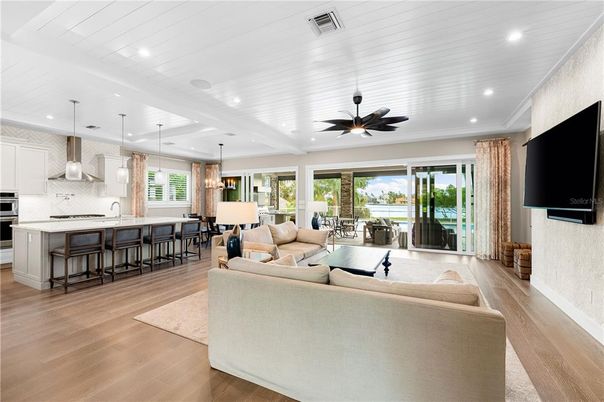 Interior, Kitchen, Living room, Pendant Lights, Recessed Lighting, Wood Texture Flooring