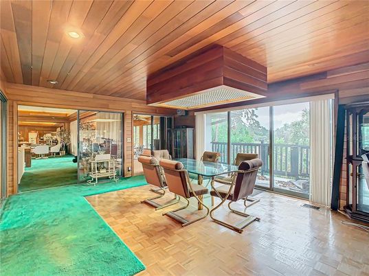 Dining room, Interior, Recessed Lighting, Wooden Ceilings, Wood Texture Flooring