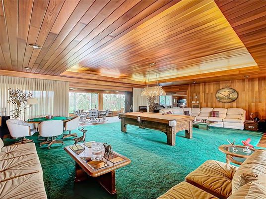 Billiard Table, Chandelier, Game Room, Interior, Living room, Recessed Lighting, Wooden Ceilings