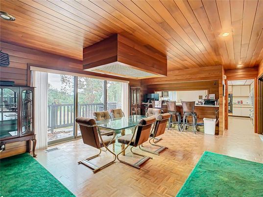 Dining room, Interior, Recessed Lighting, Wooden Ceilings, Wood Texture Flooring, Wooden Walls