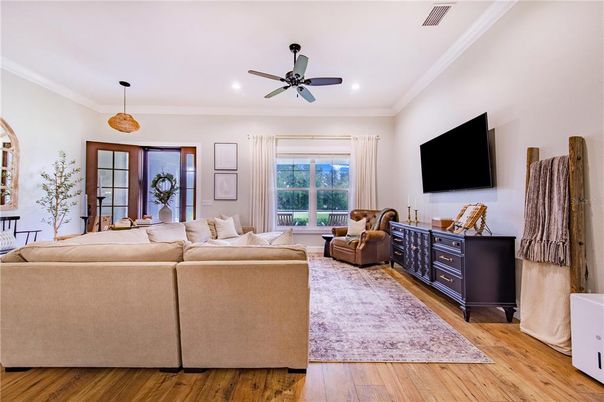 Interior, Living room, Pendant Lights, Recessed Lighting, Wood Texture Flooring