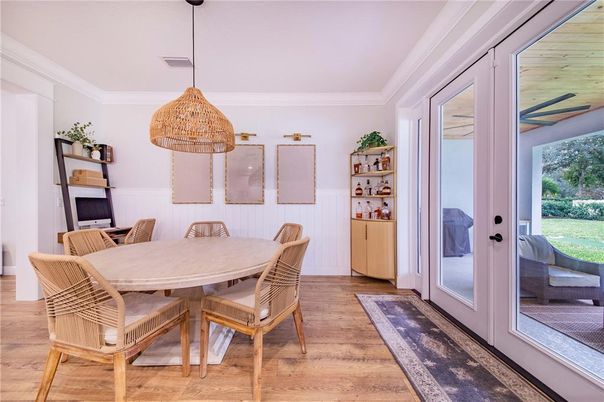 Dining room, Interior, Pendant Lights, Wood Texture Flooring