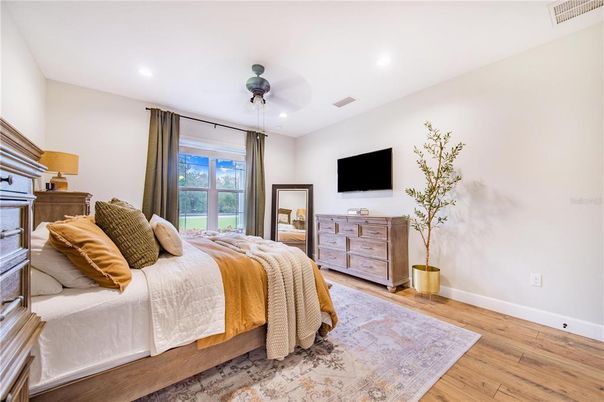 Bedroom, Interior, Recessed Lighting, Wood Texture Flooring