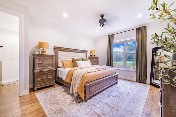 Bedroom, Interior, Recessed Lighting, Wood Texture Flooring