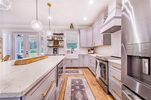 Interior, Kitchen, Pendant Lights, Recessed Lighting, Stainless Steel Appliances, Wood Texture Flooring