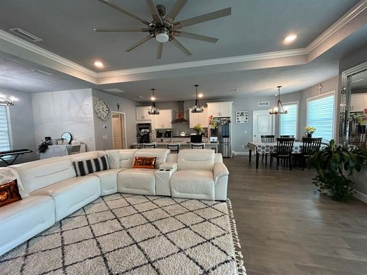 Dining room, Interior, Kitchen, Living room, Pendant Lights, Recessed Lighting, Stainless Steel Appliances, Wood Texture Flooring