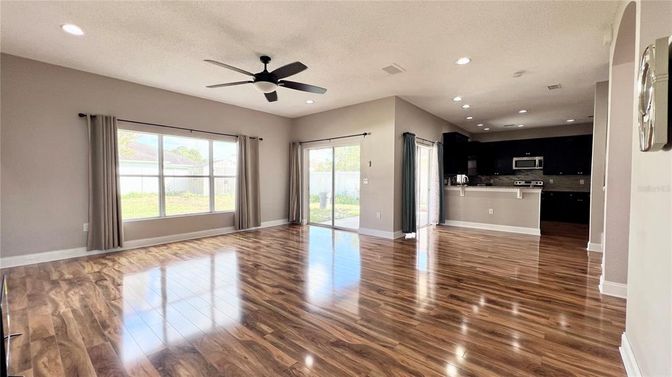 Empty room, Interior, Kitchen, Recessed Lighting, Wood Texture Flooring