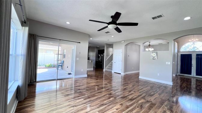 Chandelier, Empty room, Interior, Recessed Lighting, Wood Texture Flooring
