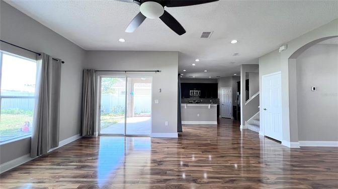 Empty room, Interior, Kitchen, Recessed Lighting, Wood Texture Flooring