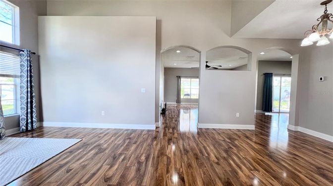 Empty room, Interior, Pendant Lights, Recessed Lighting, Wood Texture Flooring