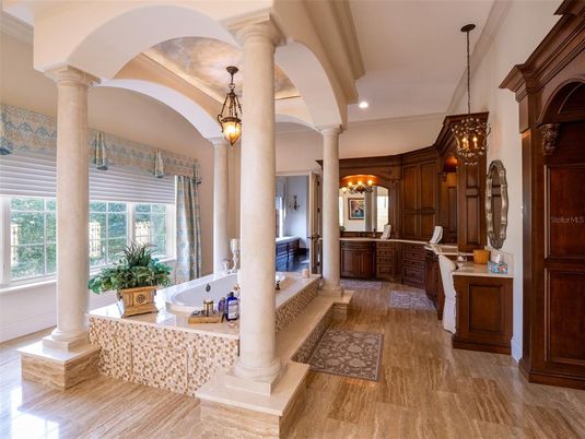 Bathroom, Chandelier, Interior, Pendant Lights, Recessed Lighting, Wood Texture Flooring