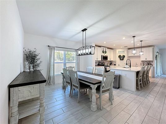 Dining room, Interior, Kitchen, Pendant Lights, Recessed Lighting, Wood Texture Flooring