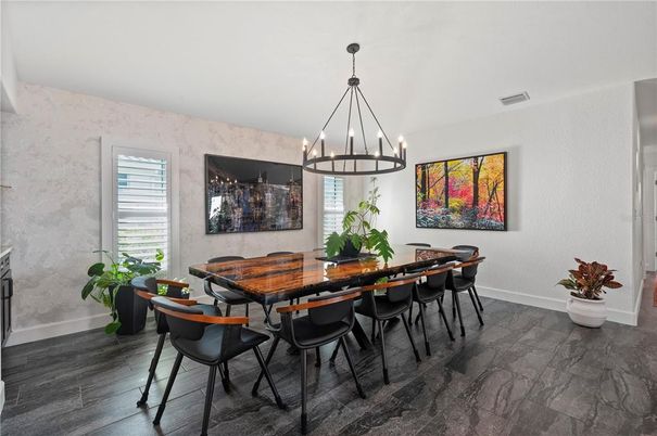 Chandelier, Dining room, Interior, Pendant Lights, Wood Texture Flooring