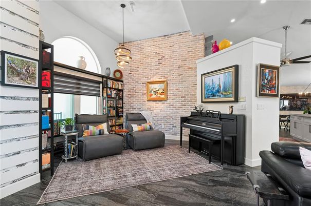 Interior, Pendant Lights, Piano, Recessed Lighting, Stone Walls, Wood Texture Flooring
