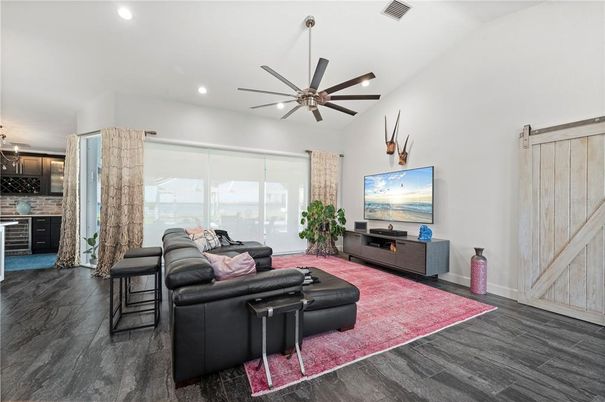 Fireplace, Interior, Kitchen, Living room, Recessed Lighting, Wood Texture Flooring