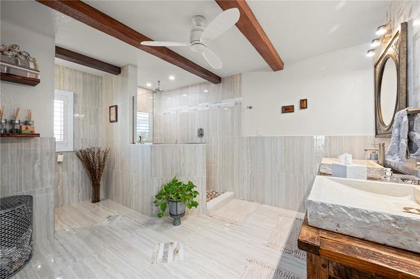 Bathroom, Glass Shower, Interior, Recessed Lighting, Wooden Beams