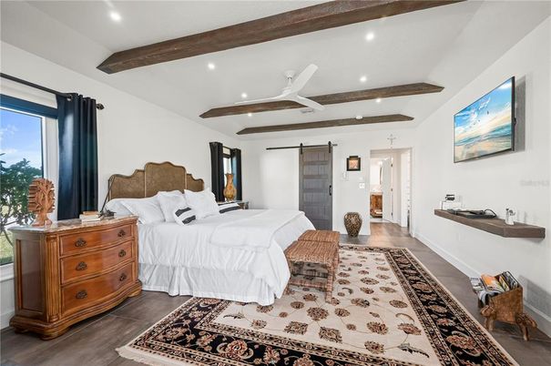 Bedroom, Interior, Recessed Lighting, Wooden Beams, Wood Texture Flooring