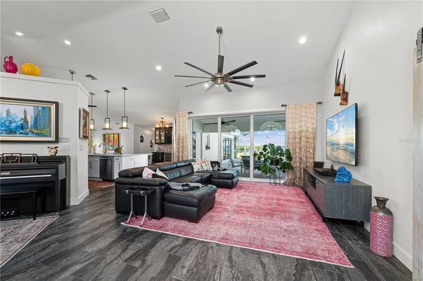 Interior, Kitchen, Living room, Pendant Lights, Piano, Recessed Lighting, Wood Texture Flooring