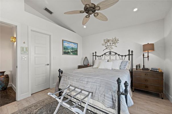 Bedroom, Interior, Recessed Lighting, Wood Texture Flooring