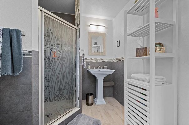 Bathroom, Glass Shower, Interior, Wood Texture Flooring