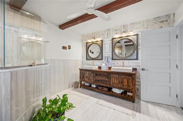 Bathroom, Dual Sink Vanities, Interior, Stone Walls, Wooden Beams