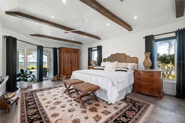 Bedroom, Interior, Recessed Lighting, Wooden Beams, Wood Texture Flooring