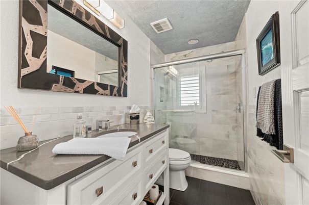 Bathroom, Glass Shower, Interior, Wood Texture Flooring