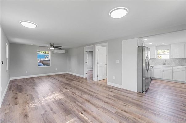 Empty room, Interior, Kitchen, Recessed Lighting, Wood Texture Flooring