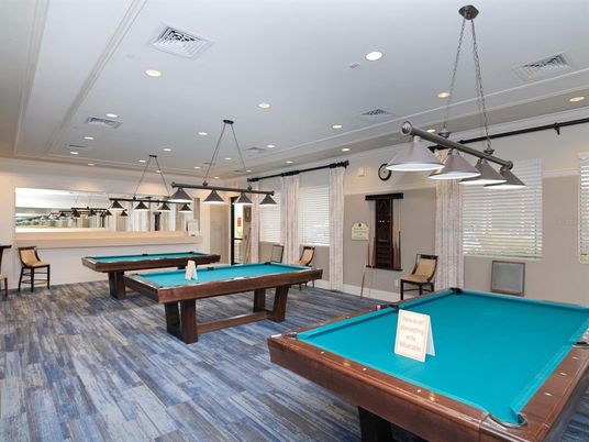Billiard Table, Game Room, Interior, Pendant Lights, Recessed Lighting, Wood Texture Flooring