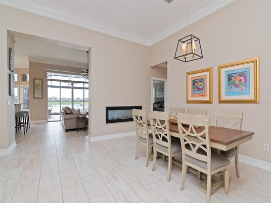 Dining room, Fireplace, Interior, Pendant Lights, Wood Texture Flooring
