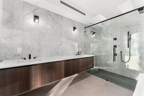Bathroom, Dual Sink Vanities, Glass Shower, Interior, Marble Walls