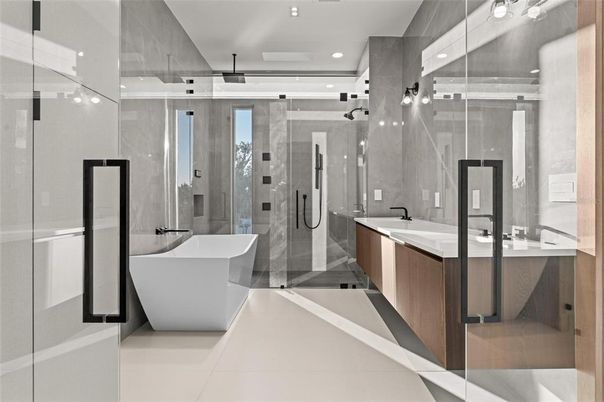 Bathroom, Dual Sink Vanities, Free Standing Baths, Glass Shower, Interior, Recessed Lighting