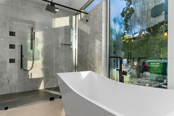 Bathroom, Free Standing Baths, Glass Shower, Interior, Marble Walls