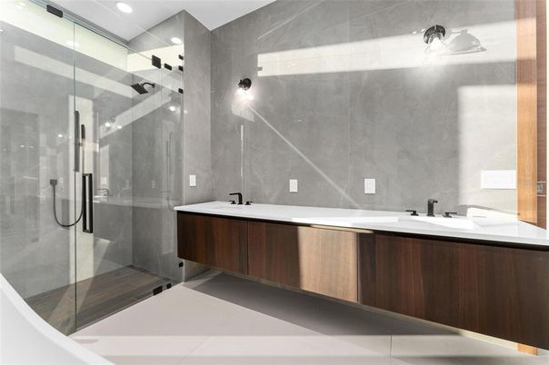 Bathroom, Dual Sink Vanities, Glass Shower, Interior, Recessed Lighting