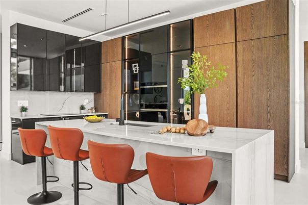 Interior, Kitchen, Marble, Pendant Lights, Stainless Steel Appliances