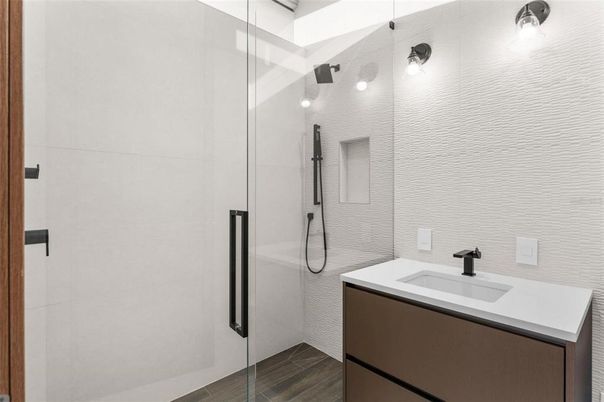 Bathroom, Glass Shower, Interior, Wood Texture Flooring