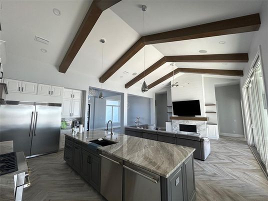 Interior, Kitchen, Living room, Pendant Lights, Recessed Lighting, Stainless Steel Appliances, Wooden Beams, Wood Texture Flooring