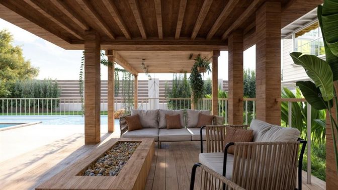 Exterior, Pool, Wooden Ceilings, Wood Texture Flooring